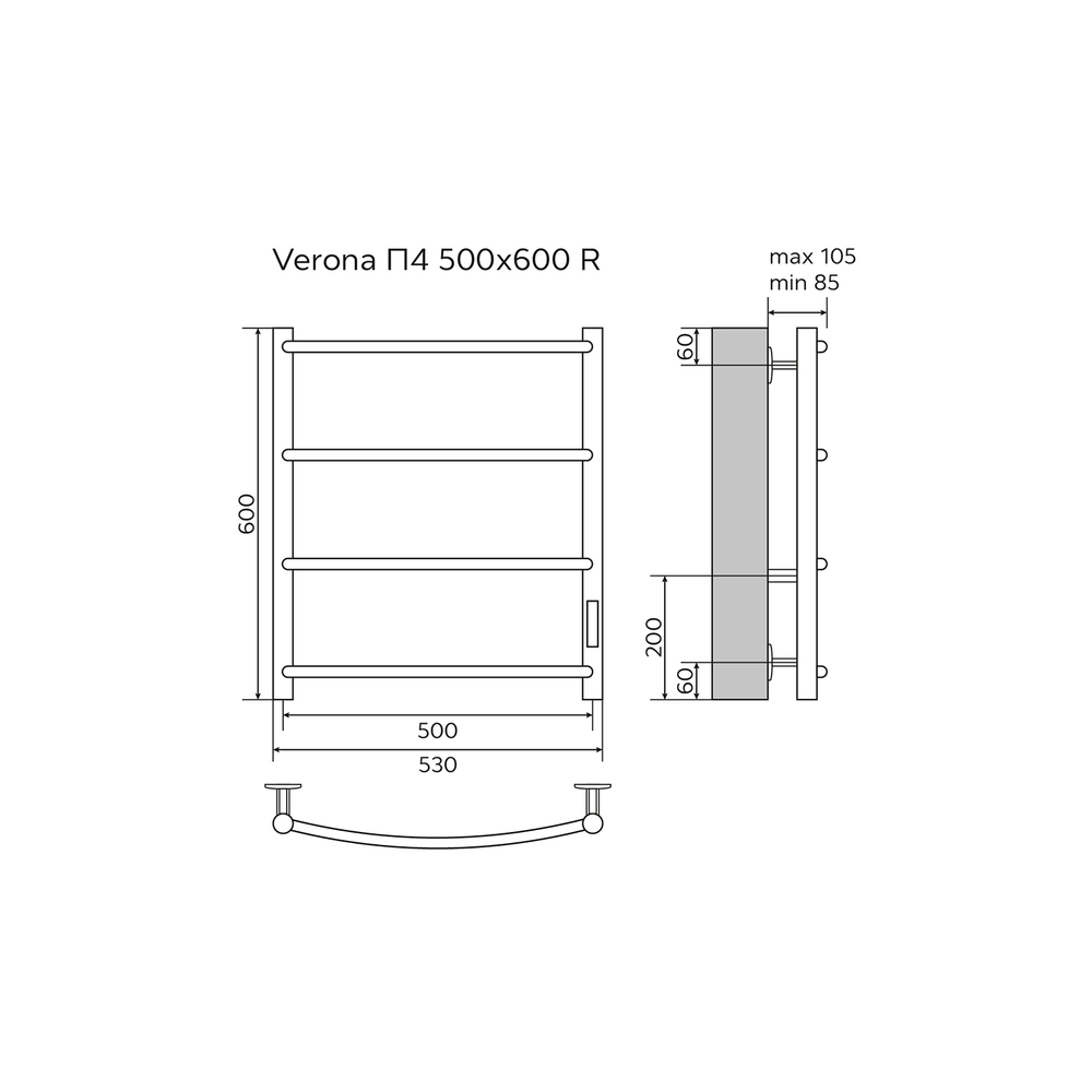 Полотенцесушитель электрический AZARIO VERONA 500/600 4 секции, диммер справа, хром