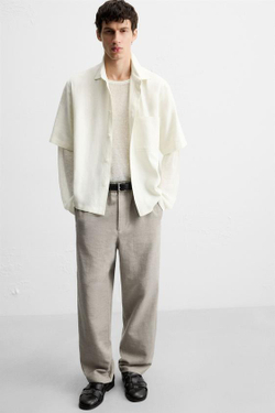 ZARA БРЮКИ REGULAR FIT ИЗ ТКАНИ С ТЕКСТУРОЙ, СЕРО-КОРИЧНЕВЫЙ