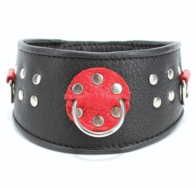 Кожаный ошейник с клепками и кольцами (Цвет: черный с красным)