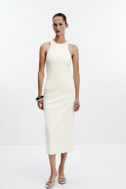 ZARA ПЛАТЬЕ-ХАЛТЕР ИЗ ИНТЕРЛОКА, ЭКРЮ