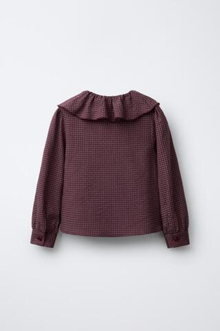 ZARA РУБАШКА С ВОЛАНАМИ В КЛЕТКУ ВИШИ, ГРАНАТОВЫЙ