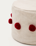 Пуф Manua бежевый хлопковый с красными кисточками, Ø 40 см