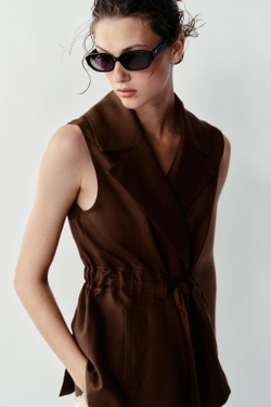 ZARA ЛЬНЯНОЙ ЖИЛЕТ С ПОЯСОМ, КОРИЧНЕВЫЙ