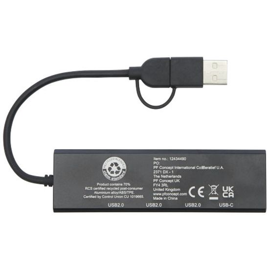 Концентратор USB 2.0 Rise из переработанного алюминия, сертифицированного по стандарту RCS