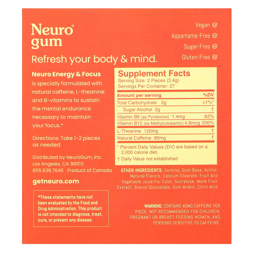 NeuroGum, Energy & Focus, корица, 6 пакетиков по 9 шт.