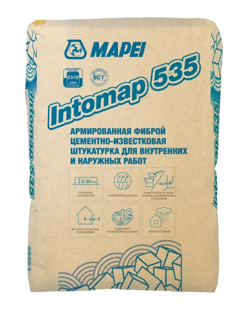 INTOMAP 535, TM MAPEI, 25кг, Россия, Смесь сухая штукатурная тяжёлая для внутренних и наружных работ класс КП III F 100 для механизированного и ручного нанесения