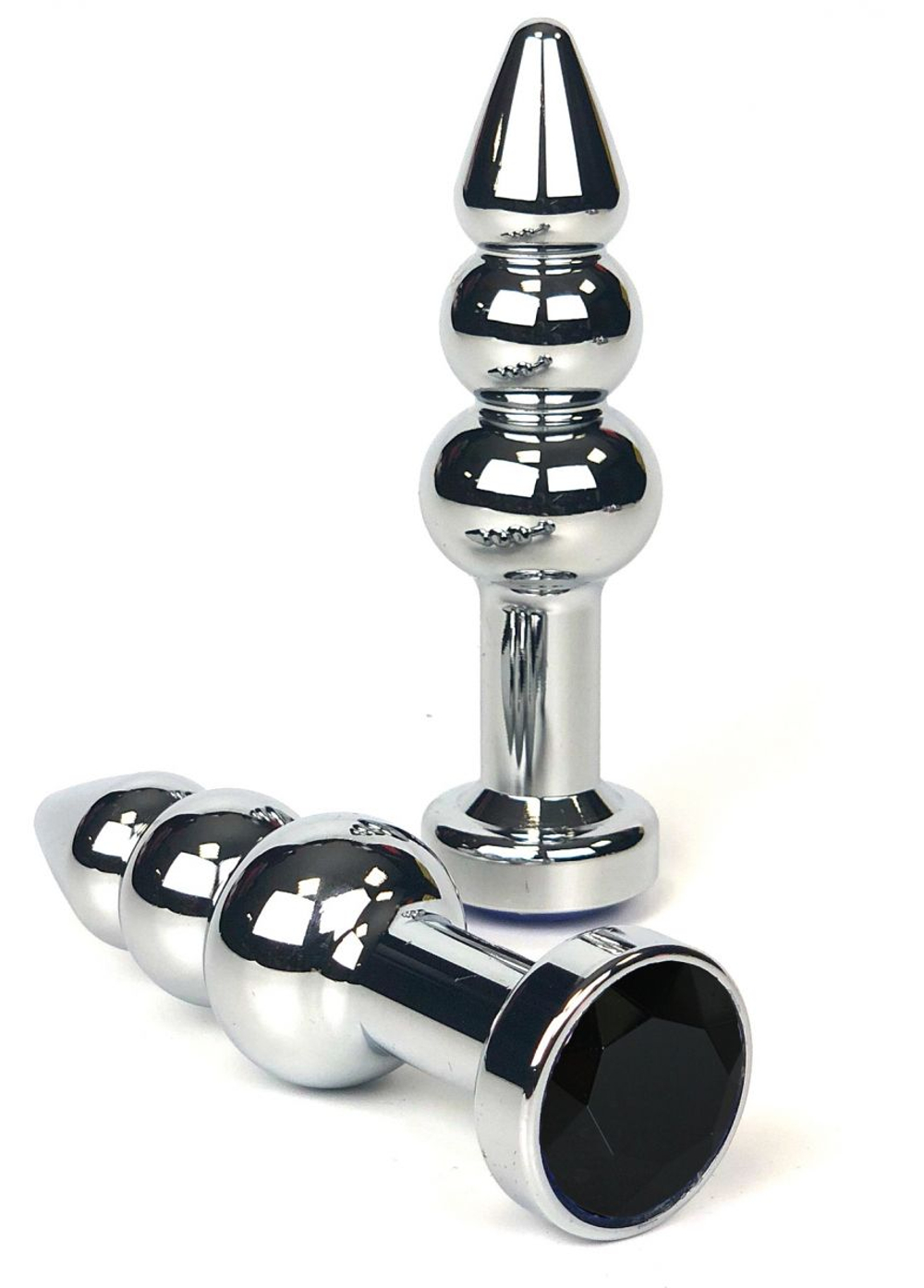 Серебристая анальная пробка-ёлочка Vandersex с черным кристаллом - 11 см. (Цвет: черный)
