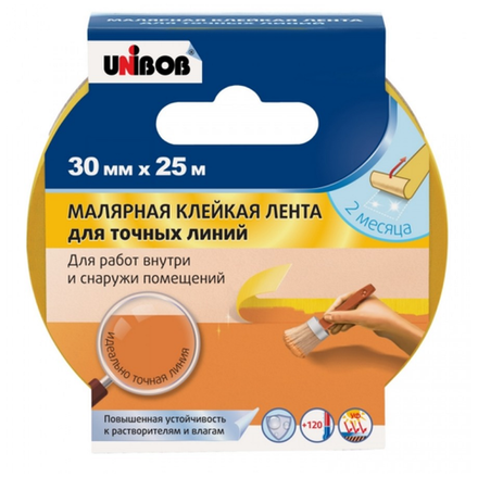 Скотч UNIBOB 30мм х 25м, для точных линий желтый
