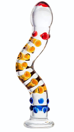 Изогнутый стеклянный фаллос с объемными точками - 20 см. (Цвет: прозрачный)