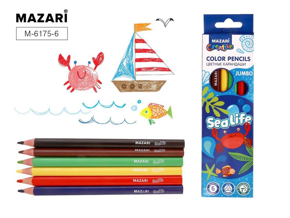 Карандаши 6цв. пластик &quot;Sea life&quot; Jumbo, 6 цв., трехгран. d грифеля = 4 мм, коробка с европодв. (Maz