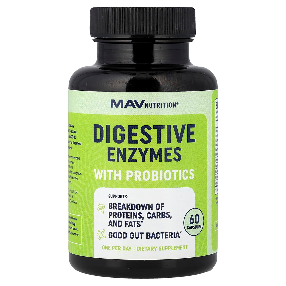 MAV Nutrition, Пищеварительные ферменты с мощными штаммами пробиотиков, 60 растительных капсул