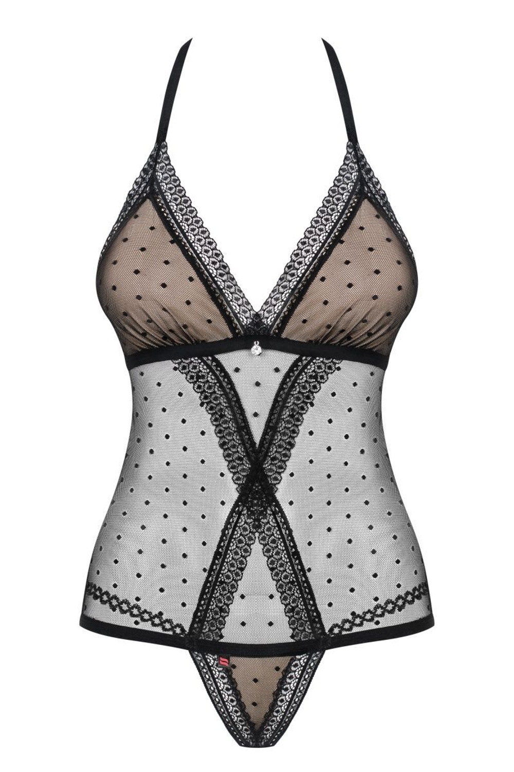 Эффектное полупрозрачное боди с мягкой чашечкой в мелкий горошек