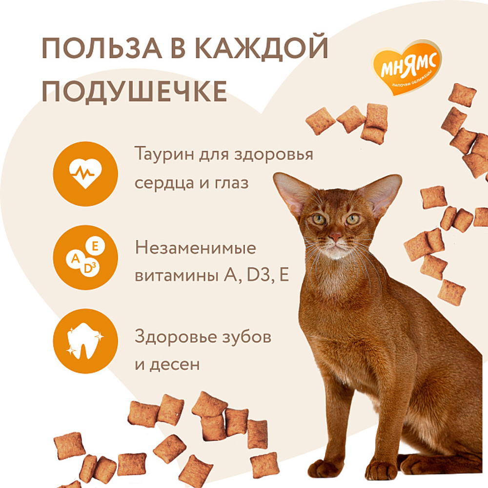 Лакомство для кошек "Здоровье и активность" хрустящие подушечки с курицей Мнямс 60 гр, 10 шт