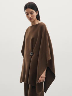 Massimo Dutti Вязаная накидка с брошью, коричневый