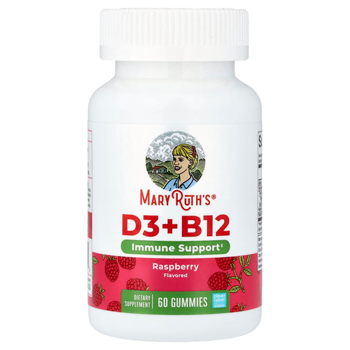 MaryRuth's, витамины D3 и B12, со вкусом малины, 60 жевательных мармеладок