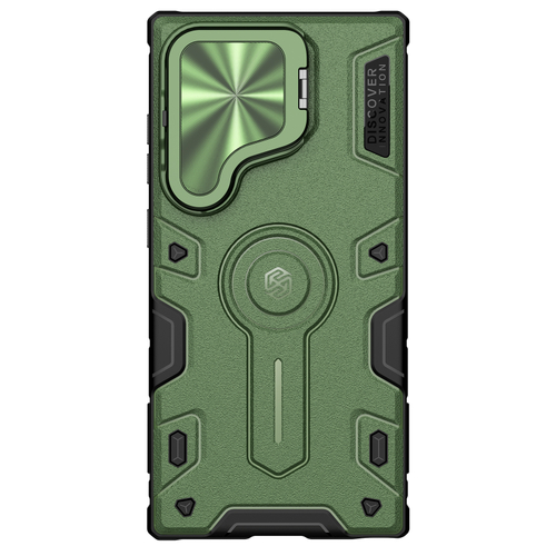 Чехол зеленого цвета (Dark Green) от Nillkin на Samsung Galaxy S24 Ultra с откидной крышкой для камеры и и поддержкой беспроводной зарядки MagSafe, серия CamShield Armor Prop Magnetic
