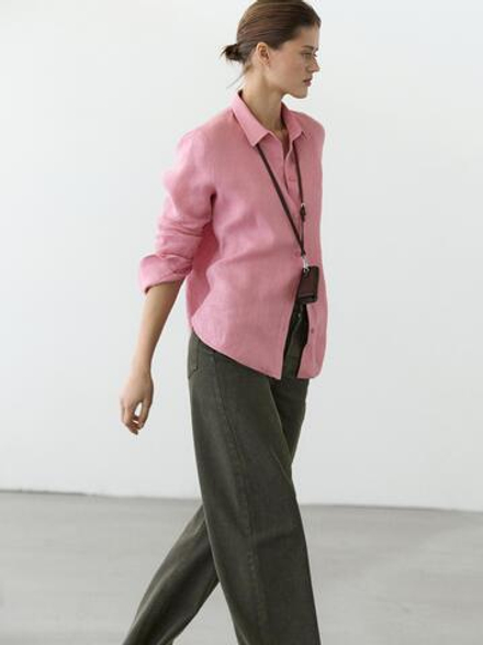 Massimo Dutti Свободная рубашка из 100% льна, цвет глины