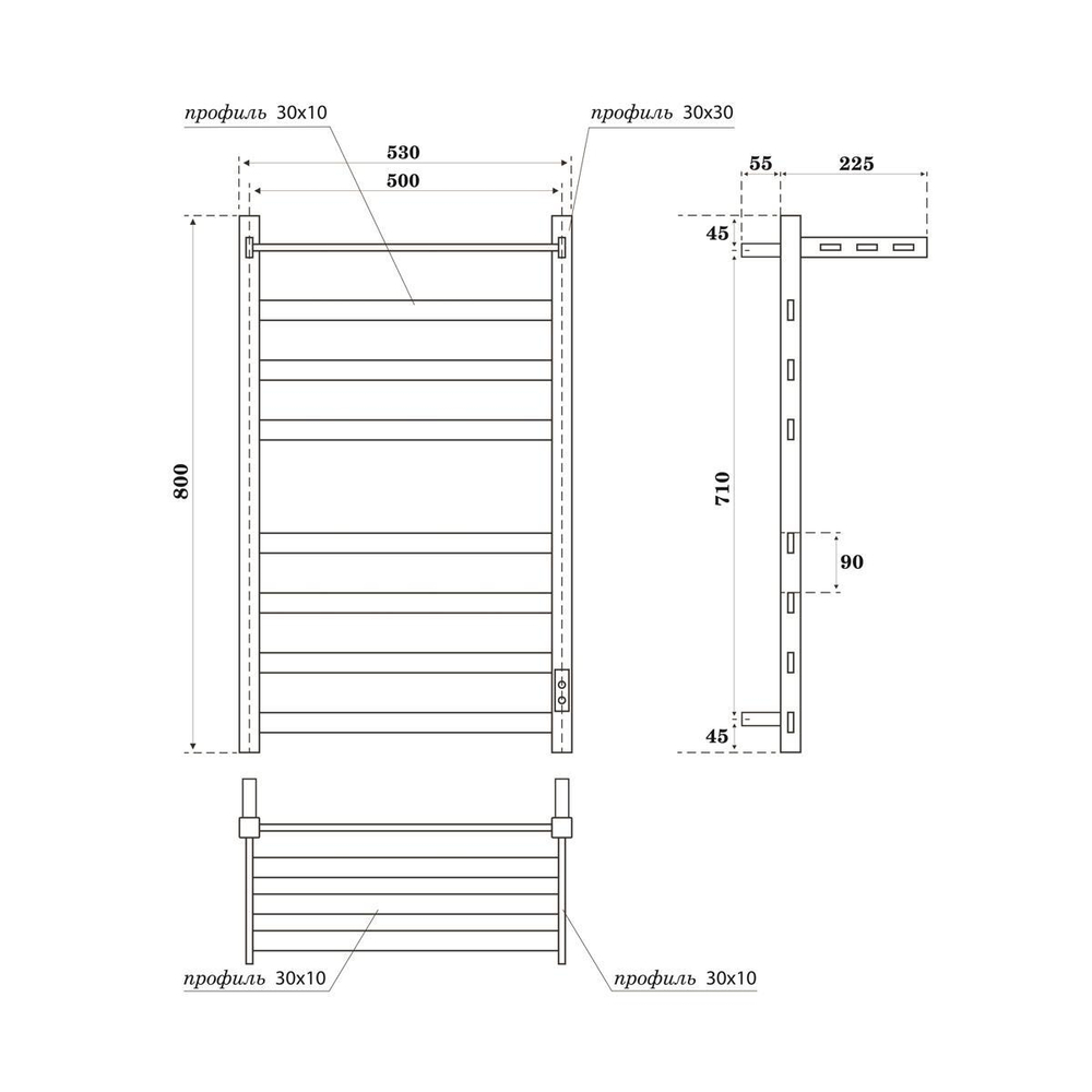 Полотенцесушитель электрический Point Меркурий PN83858PGR П7 500x800 с полкой, диммер справа, графит премиум схема