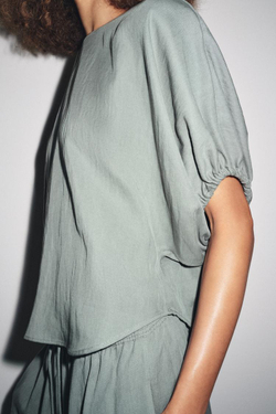 ZARA БЛУЗА С ОБЪЕМНЫМИ РУКАВАМИ — ZW COLLECTION, СЕРО-СИНИЙ