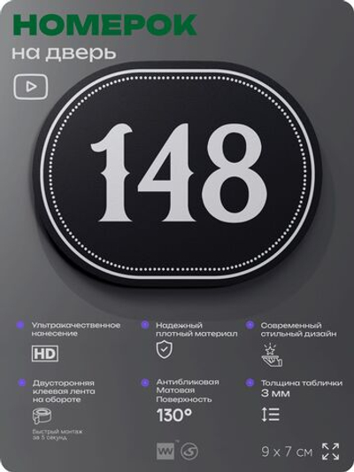 Номерок на дверь квартиры 148, для кабинета, офиса, шильдик 9 х 7 см, черный, Айдентика Технолоджи