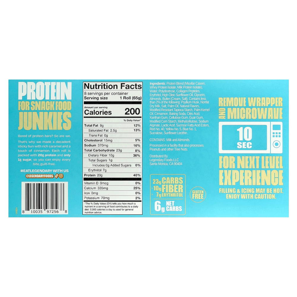 Legendary Foods, протеиновая булочка, липкая булочка с карамелью, 8 шт. по 65 г (2,3 унции)