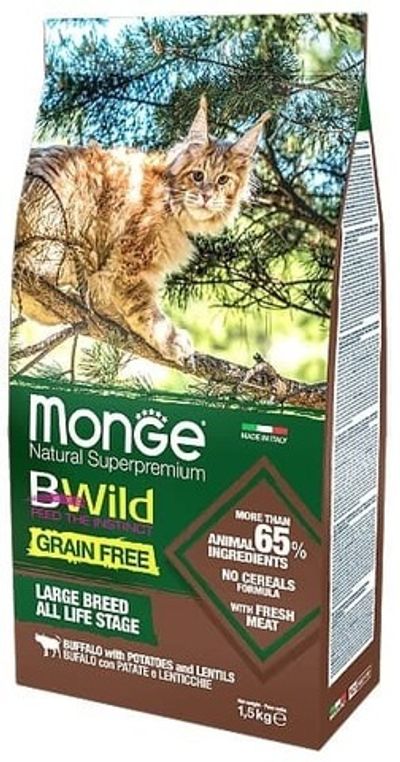 Сухой корм Monge Cat BWild GRAIN FREE для котят и крупных кошек из мяса буйвола, пакет 1,5 кг