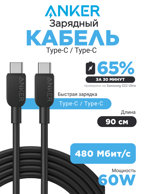 Кабель Anker 310 USB-C to USB-C Cable 60W  0,9m (Black)