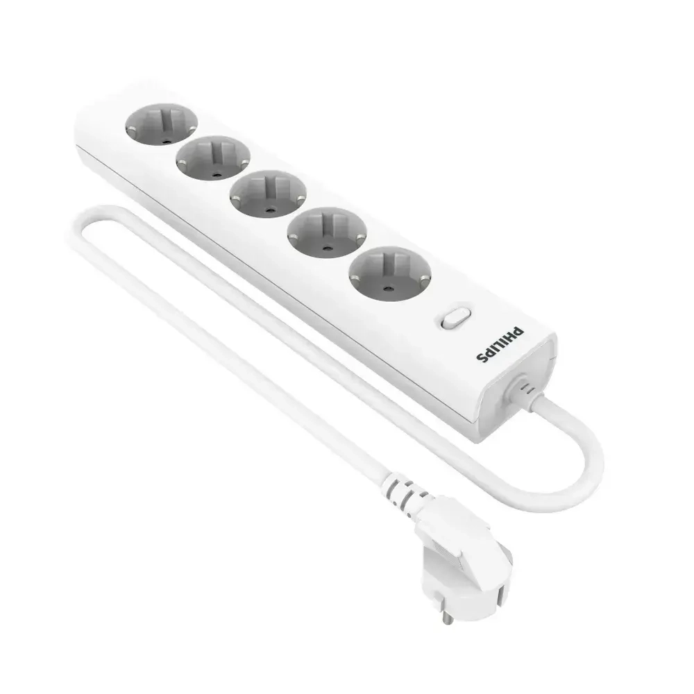 Сетевой фильтр удлинитель Philips CHP2155WA/51 с пятью стандартными розетками EU, с заземлением и защитой от перегрузок, 2 м, белый