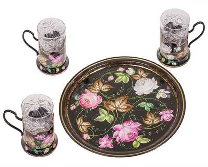 Set of 3 tea glass holders with zhostovo metal tray D-30 cm SET18122022003