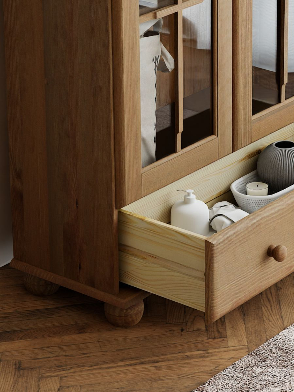 Шкаф витрина, 40х32х186, Бритта, сервант для посуды, с ящиком, однодверная, из массива дерева, бейц, Dipriz