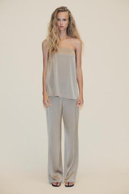 ZARA АТЛАСНЫЕ БРЮКИ С ВЫСОКОЙ ПОСАДКОЙ, БЕЖЕВЫЙ/ЗЕЛЕНЫЙ