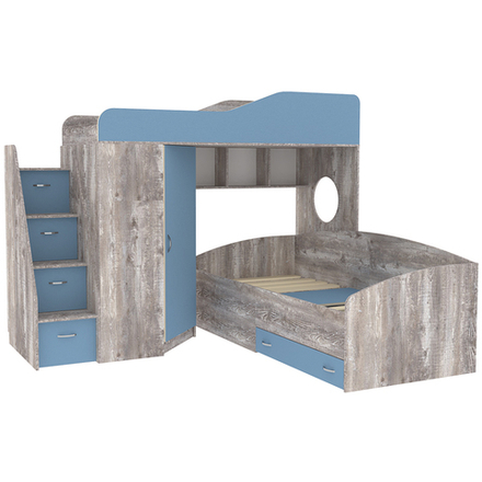 Двухъярусная кровать КарИВи  Кадет 2 с универсальной лестницей Бетон Светло-синий, голубой