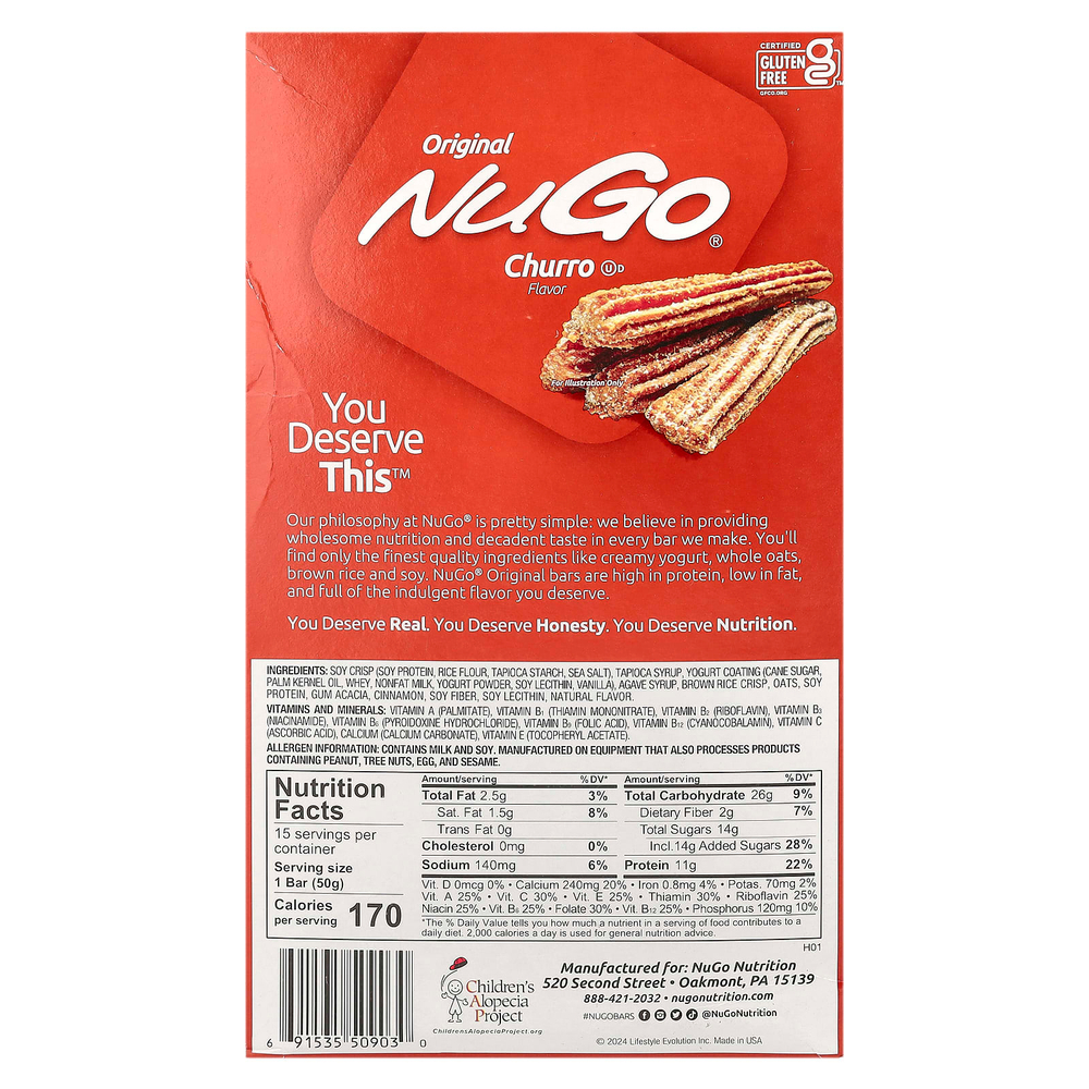 NuGo Nutrition, Original, протеиновые батончики, Churro, 15 батончиков, 50 г (1,76 унции)