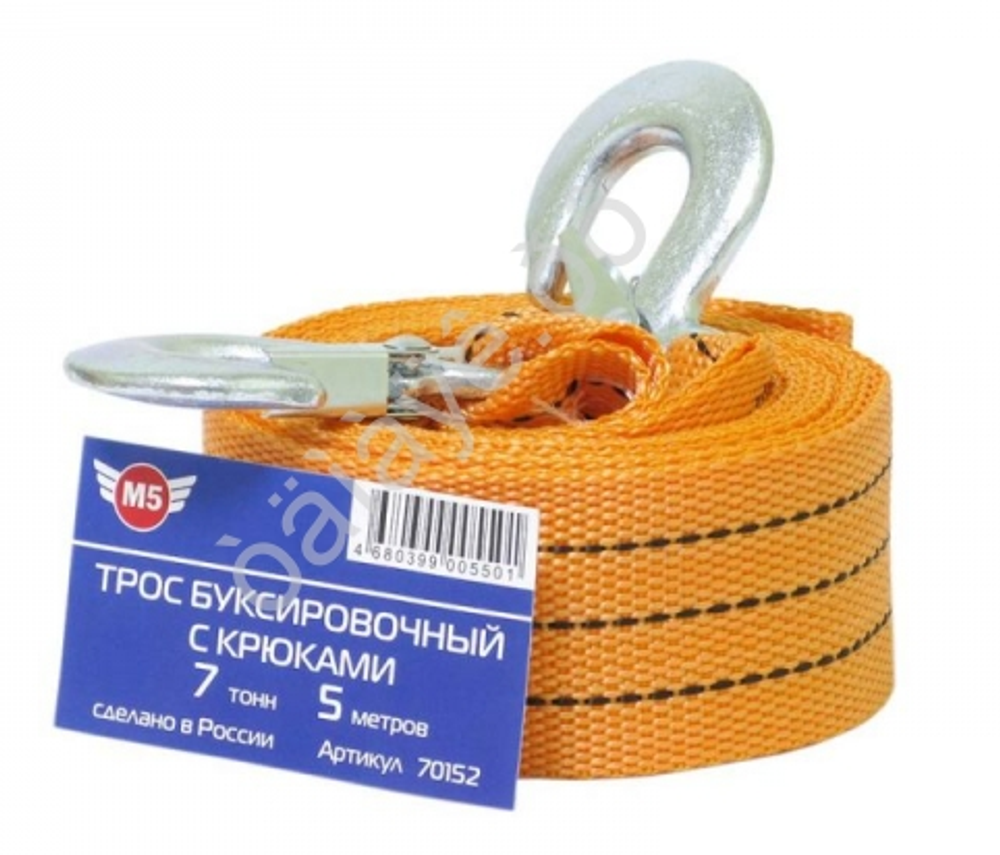 Трос буксира 7т/5м лента М5 с крюками, ширина 50мм  70152