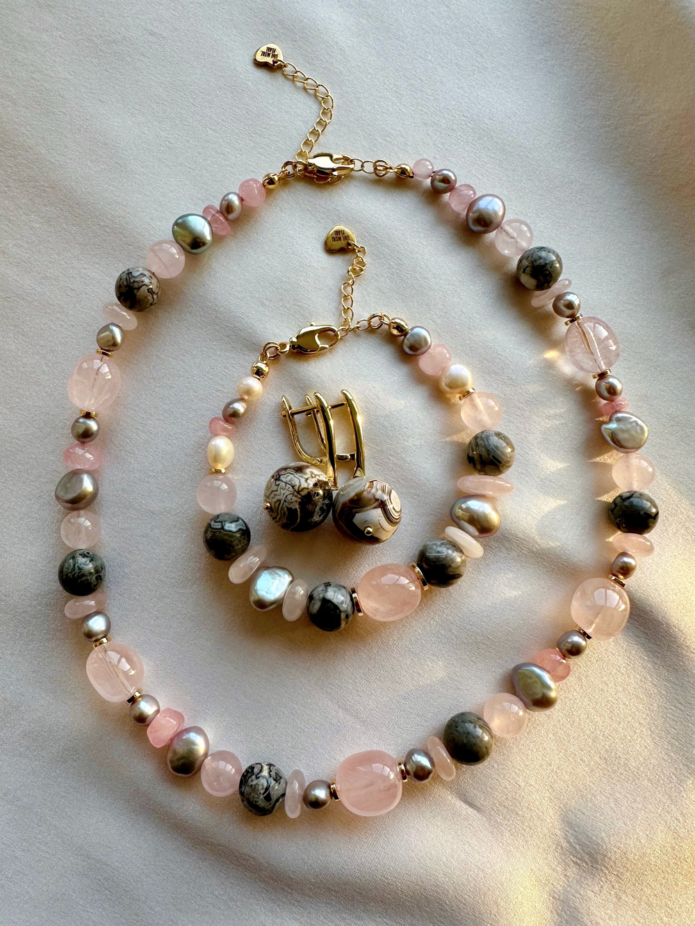 Ожерелье 3 стихии из жемчуга, кварца и яшмы