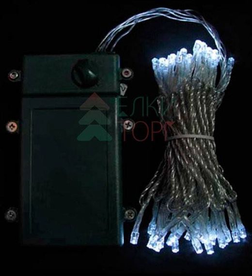 Светодиодная гирлянда 5 м., 3 батарейки типа D 4.5V, 50 LED ламп холодного белого цвета, таймер, прозрачный провод, LTC (EST50-4W10-8W)