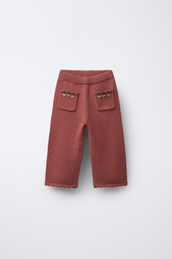 ZARA ТРИКОТАЖНЫЕ БРЮКИ С ВЫШИВКОЙ В ВИДЕ ЦВЕТОВ, ТЕРРАКОТОВЫЙ