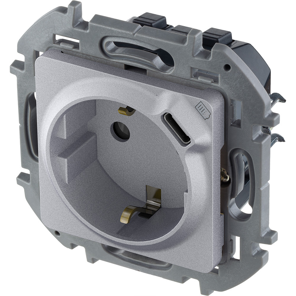 Розетка с заземлением с USB тип C со шторками 16А 250В 1500мА 5В алюминий Inspiria Legrand