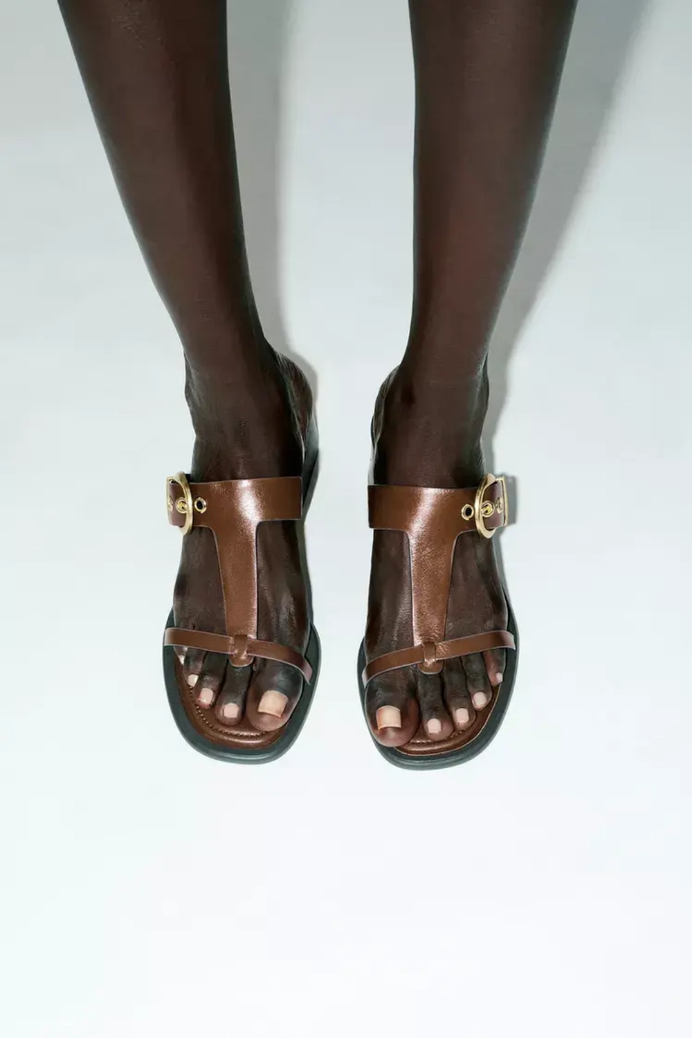 ZARA КОЖАНЫЕ БОСОНОЖКИ НА ШИРОКОМ КАБЛУКЕ, КОРИЧНЕВЫЙ