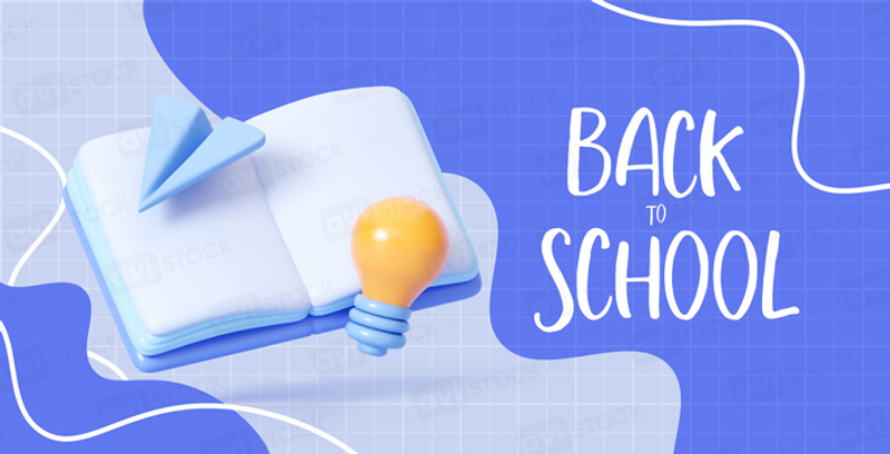 PSD шаблон 3D иллюстрации Back to School с книгой, бумажным самолётиком и лампочкой