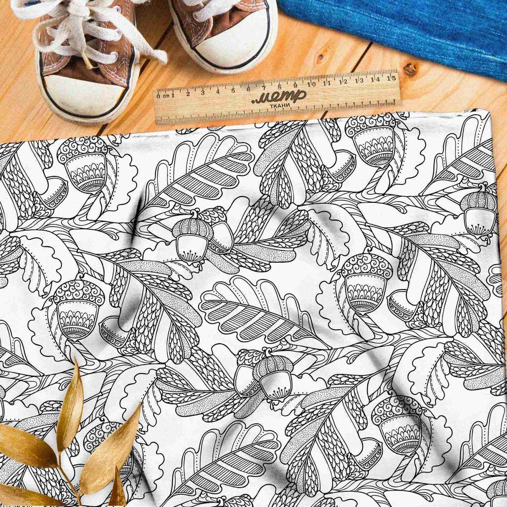 Ткань кулирная гладь дубовые силуэты и желуди