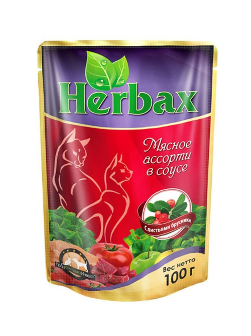 Влажный кром Herbax для взрослых кошек, мясное ассорти в соусе с листьями брусники, 100 г