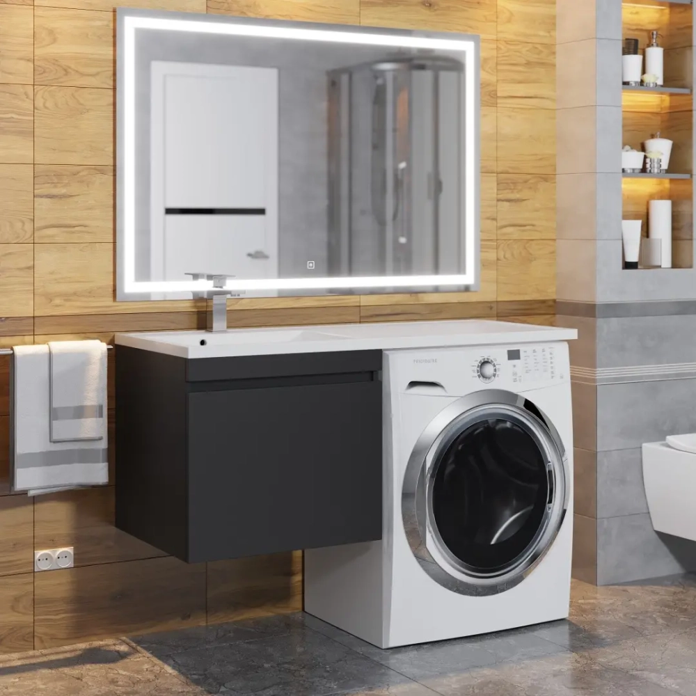 Тумба под стиральную машину с раковиной Uperwood Magenta 60/120 см, подвесная, черная, выдвижной ящик, левая
