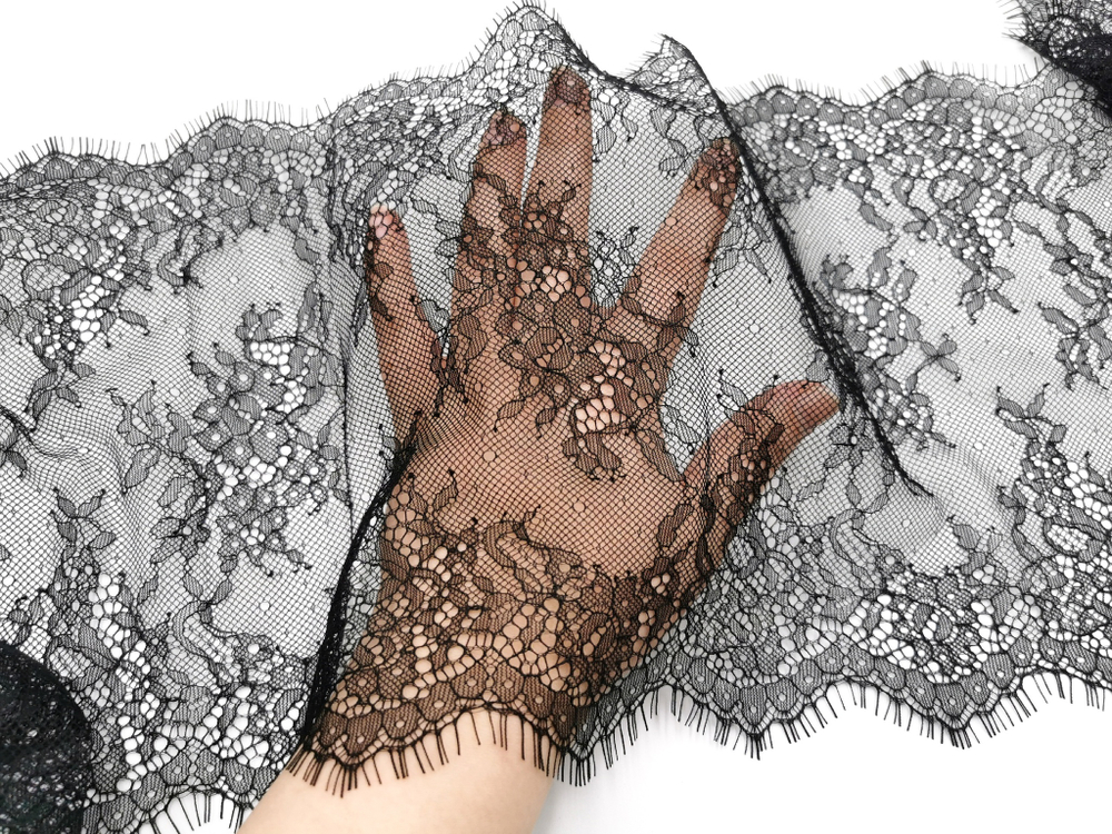 Кружево шантильи, с ресничками, черное, 23 см, купон, SK-2401, купон (3м)