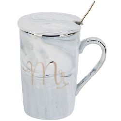Кружка фарфоровая с крышкой и ложкой "Mr" (серая) v=380 мл (подарочная упаковка)