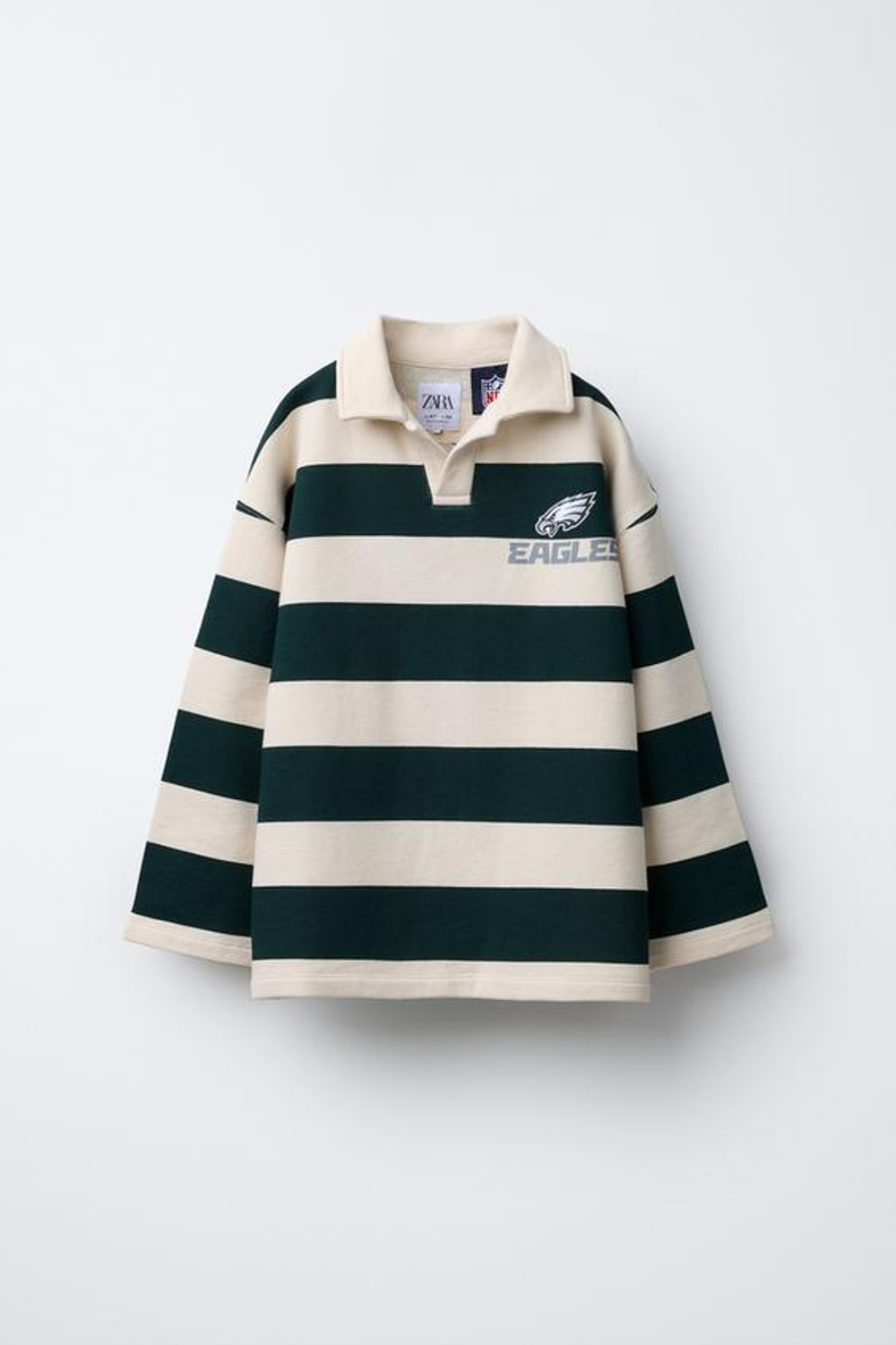 ZARA ТОЛСТОВКА ПОЛО В ПОЛОСКУ С ПРИНТОМ PHILADELPHIA EAGLES © NFL, ЗЕЛЕНЫЙ/ЭКРЮ