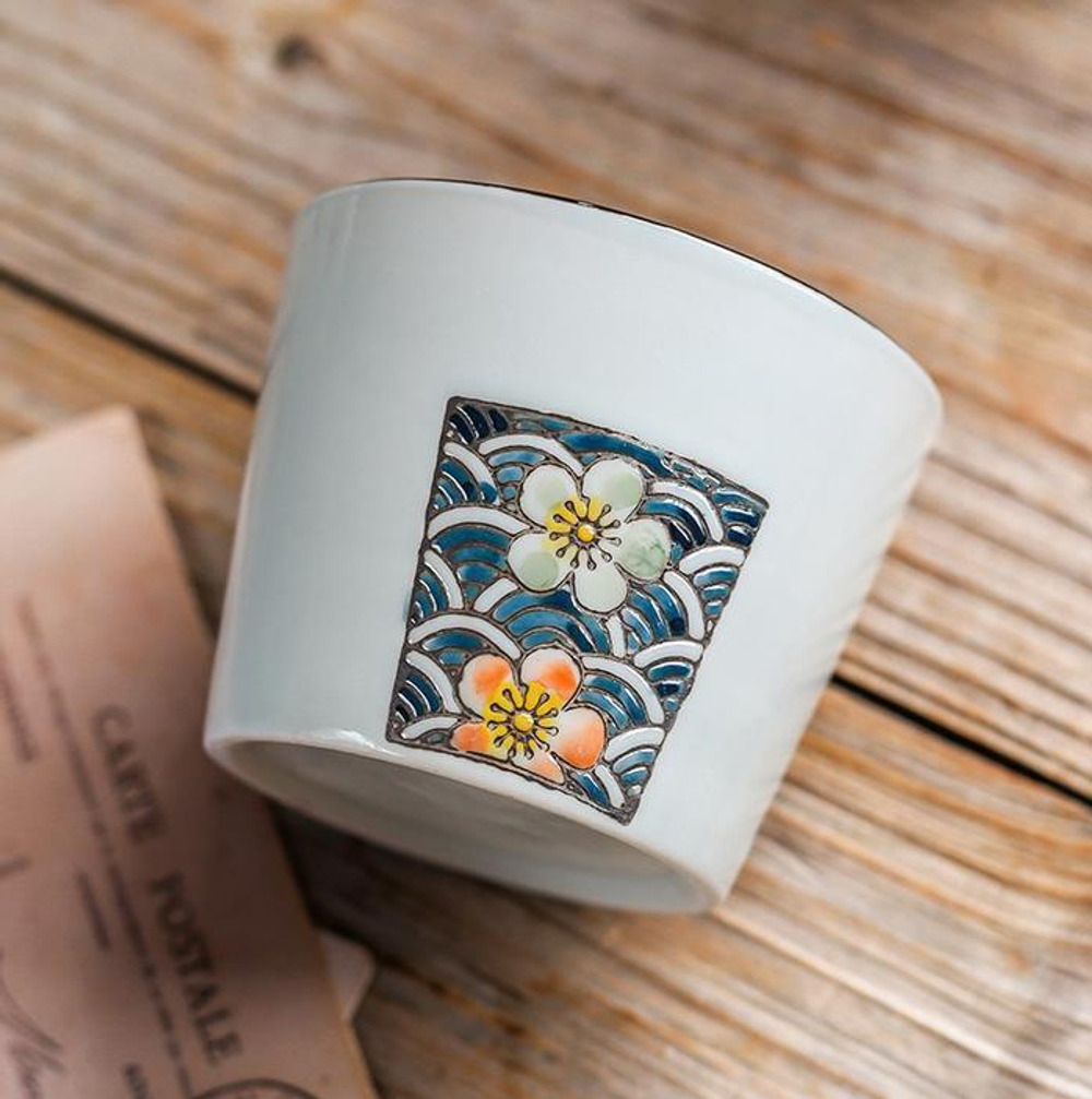 263039 Пиала прямостенная "Цветы на синем" 170 мл, японская роспись, керамика