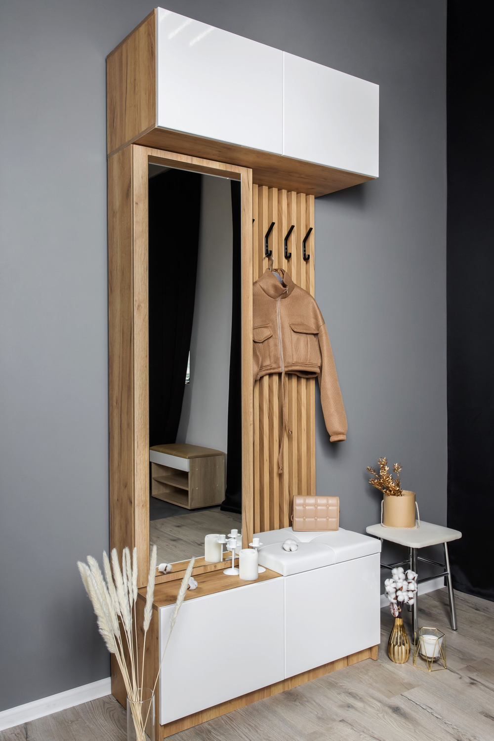 Прихожая с зеркалом комплект мебели Дуб Крафт Золотой/Серый Шифер, Бостон, 250х51х236 см Стиль