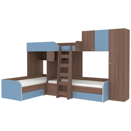 Кровать-чердак КарИВи Трио 2 Бодего Темный Светло-синий, голубой