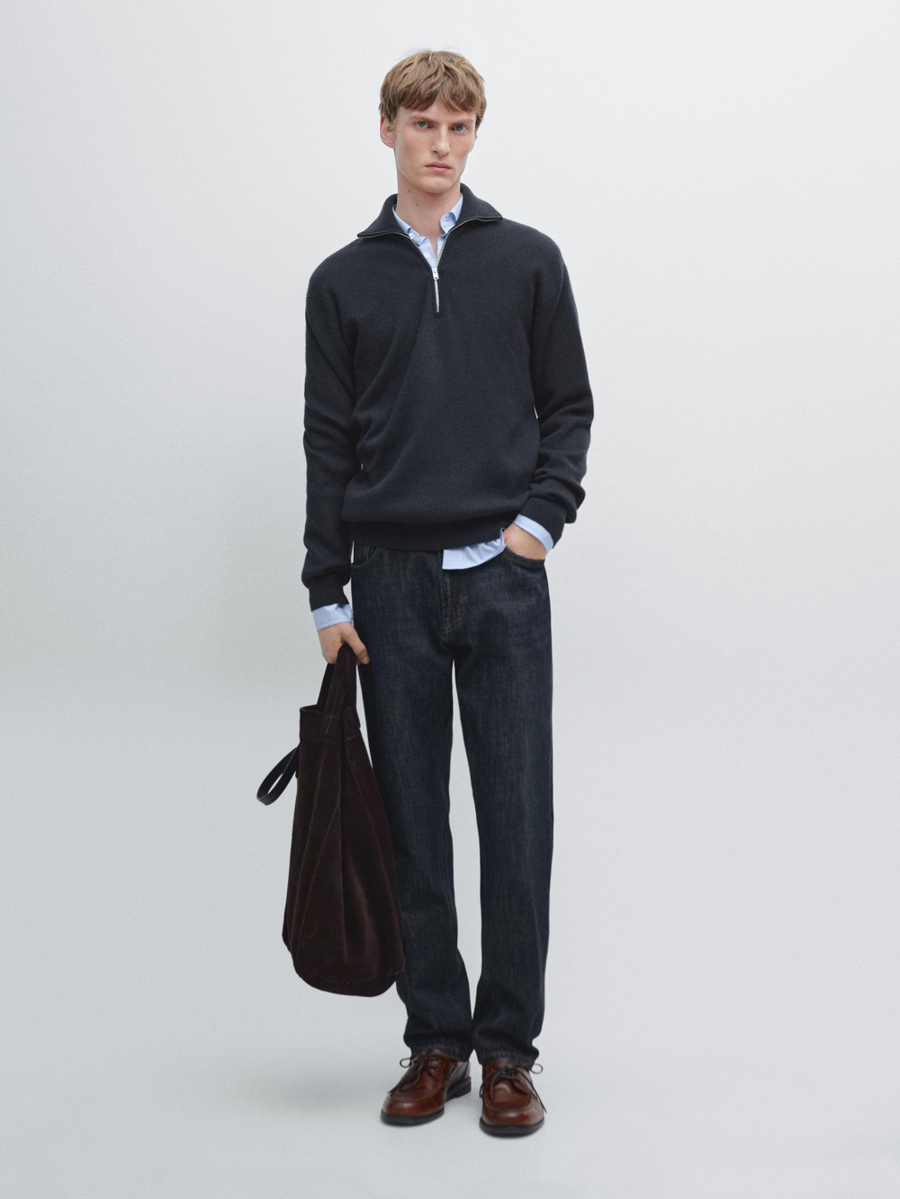 Massimo Dutti Вязаный свитер с воротником-стойкой на молнии, синий